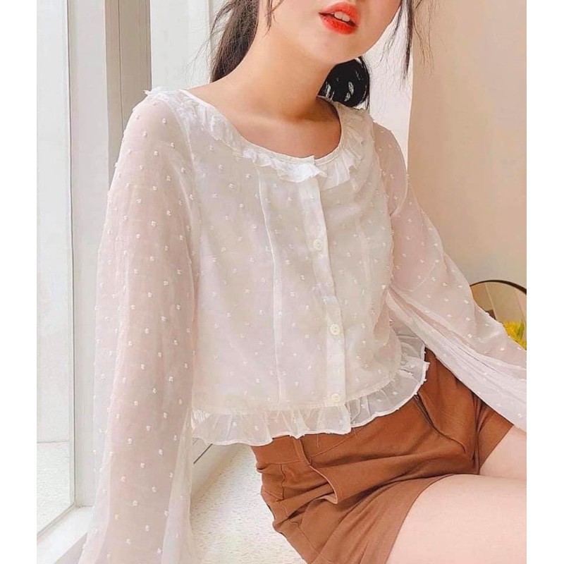 Áo Kiểu POPPY CROPTOP tay dài chất vải liệu voan mềm mại thêu hạt nổi form chuẩn basic