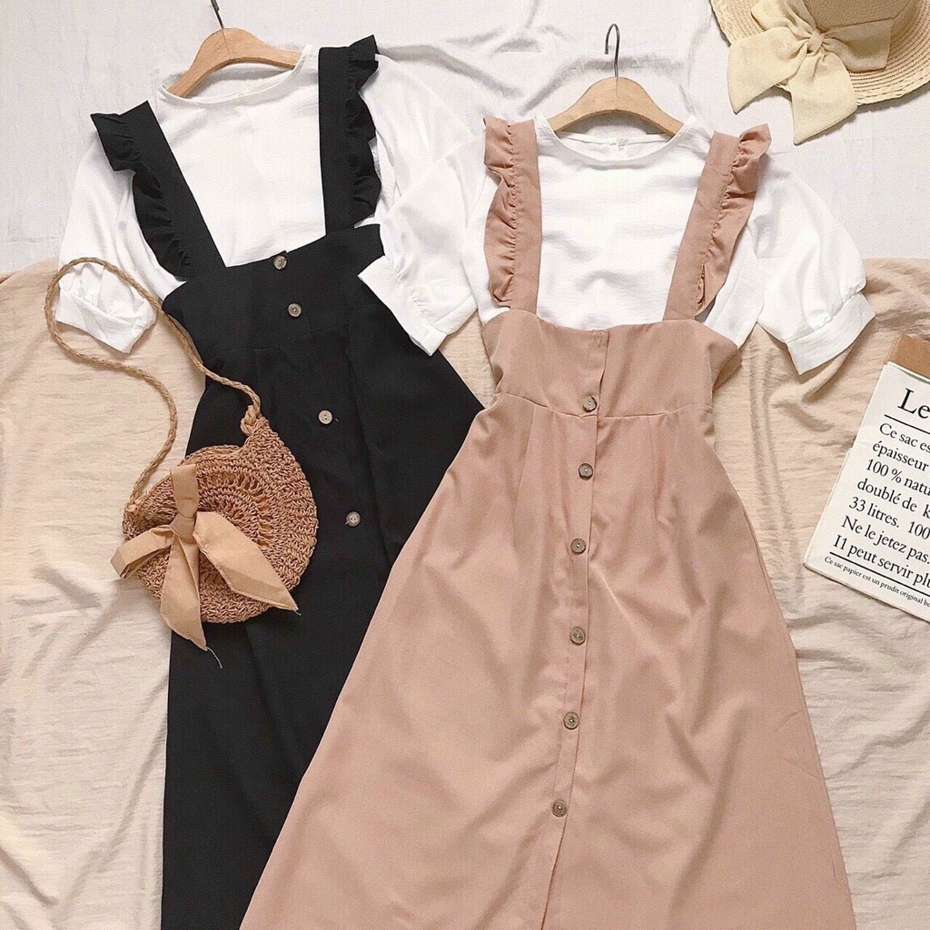 Sét Bộ Kèm Yếm Cổ Tròn Phối Bèo Cánh Tiên 2 Màu Như Hình