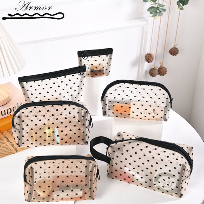 Túi Lưới Trong Suốt Đựng Đồ Trang Điểm In Họa Tiết Trái Tim Đơn Giản Sức Chứa Lớn Cho Nữ