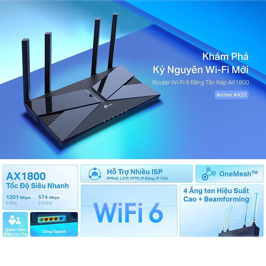 Bộ phát wifi 6 TP-Link Archer AX23 băng tần kép AX1800Mbps