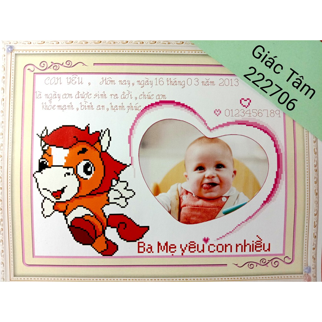 Tranh thêu CON NGỰA TRẺ EM - 50x38cm - 222706 - NGỌ TRÁI TIM TÌNH YÊU THƯƠNG - tranh thêu chữ thập chưa thêu