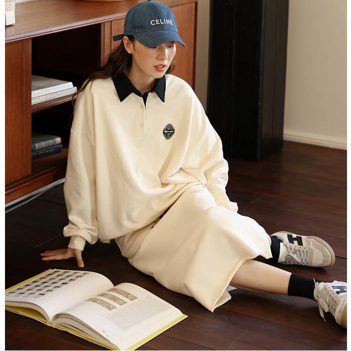 Bộ Áo Sweater Cổ Bẻ Thêu Họa Tiết Màu Sắc Tương Phản Phong Cách Hàn Quốc Thời Trang Mùa Thu Mới