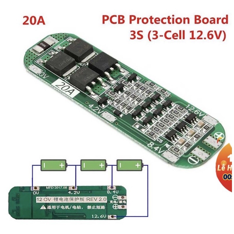 Mạch bảo vệ pin Lithium 3S 20A Li-ion 18650 sạc PCB BMS 12.6V