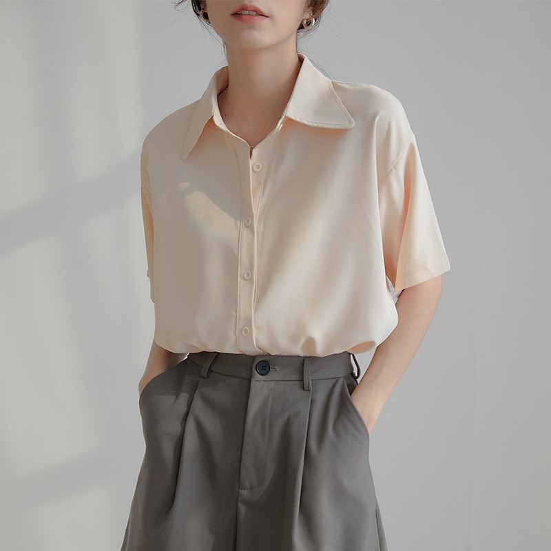 Áo sơ mi nữ tay ngắn form rộng trắng, kem, nâu kiểu sáng basic, áo cộc tay dáng suông rộng mặc đi học đi chơi đi làm | BigBuy360 - bigbuy360.vn