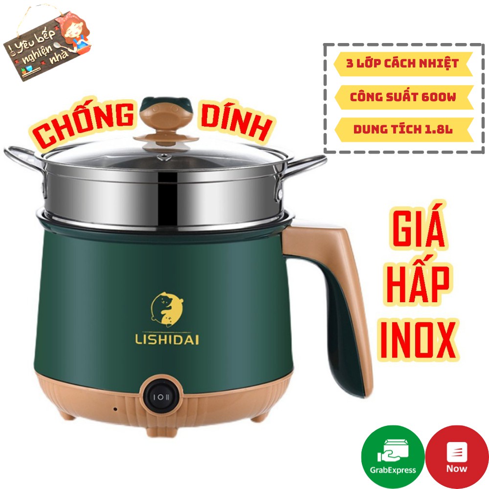 Nồi Điện Mini 2 Tầng Đa Năng Tặng Kèm Giá Hấp - Nồi Lẩu Mini Lishidai Vân Đá Chống Dính, Ca Nấu Mì 3 Lớp Cách Nhiệt