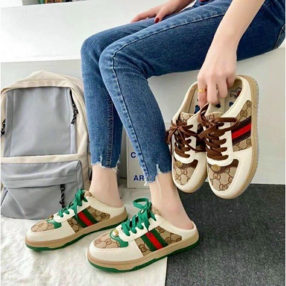 Giày Sục Thể Thao Nữ GC Nâu Xanh thời trang, Sục bata đạp gót đế bánh mì 3cm