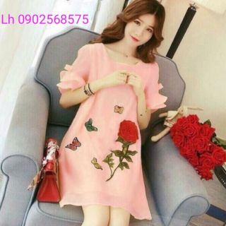 Đầm bầu váy bầu công sở hoa hồng thời trang Hàn Quốc