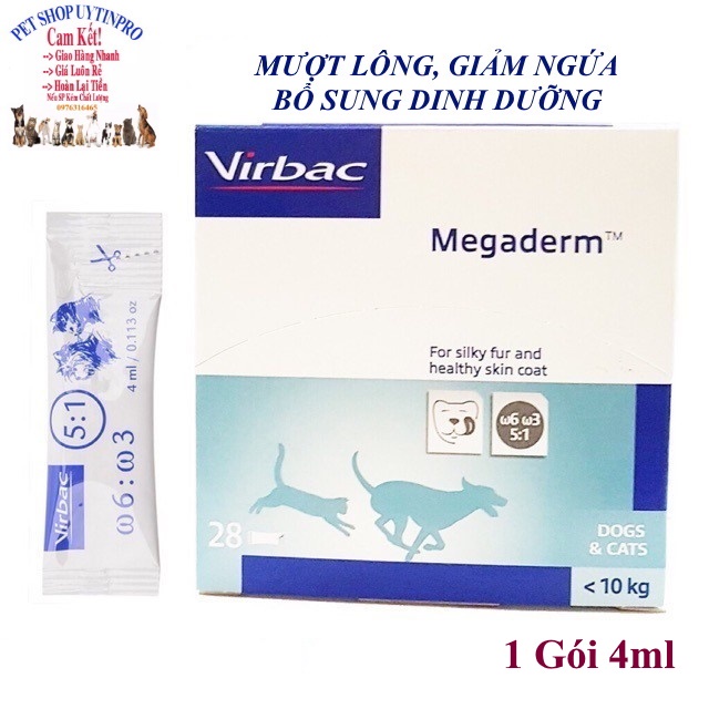 GEL DINH DƯỠNG VIRBAC MEGADERM GIÚP MƯỢT LÔNG, DA, GIẢM NGỨA CHO PET THÚ CƯNG CHÓ MÈO, Gói 4ml - Pet shop Uytinpro