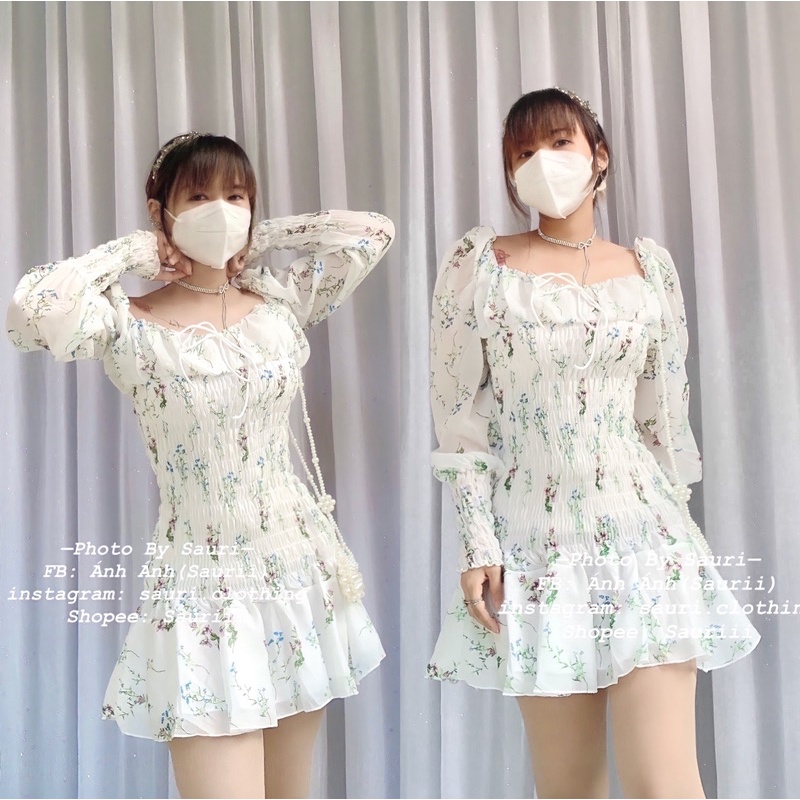 Loại mới màu trắng🖤Váy bánh bèo ulzzang tiểu thư trễ vai xoè đuôi cá Hoạ Tiết hoa nhí ôm body bo chun đi tiệc sang chảnh