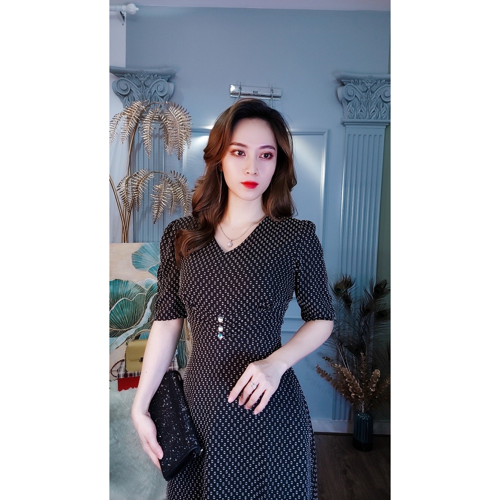 Đầm xòe chấm bi Da1503 vải voan nổi có túi 2 bên