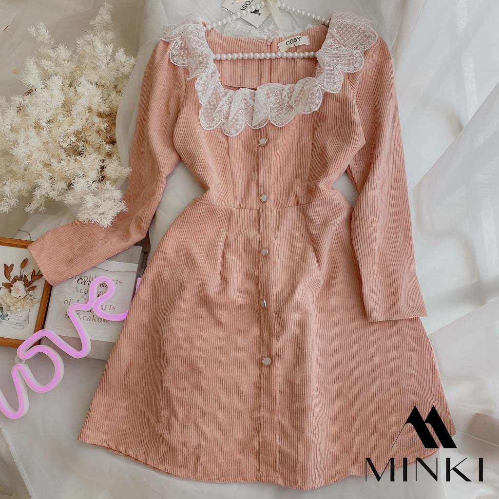 ĐẦM NHUNG GÂN 3 MÀU CỔ REN TRẮNG - CHẤT LIỆU CAO CẤP - MÀU HỒNG / NÂU / XANH | BigBuy360 - bigbuy360.vn