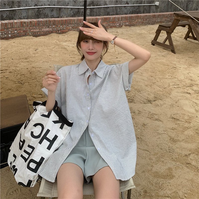 💃 Áo Sơ mi nữ cộc tay kẻ sọc dáng rộng vải kate