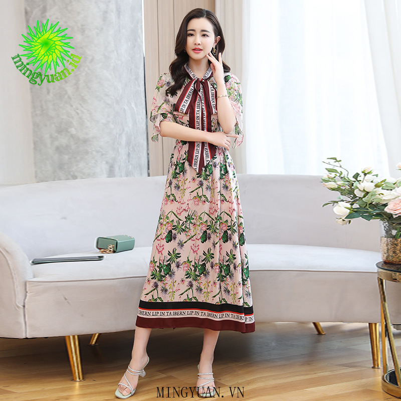 ( Mingyuan ) New temperament short-sleeved sleeve big-name printed floral mid-length dress