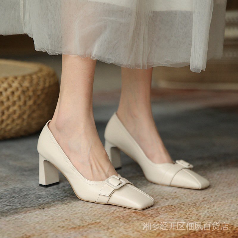 Giày Cao Gót Mũi Vuông Màu Sắc Nude Phong Cách Retro Thời Trang Xuân Thu 2022 Mới Cho Nữ IL0C