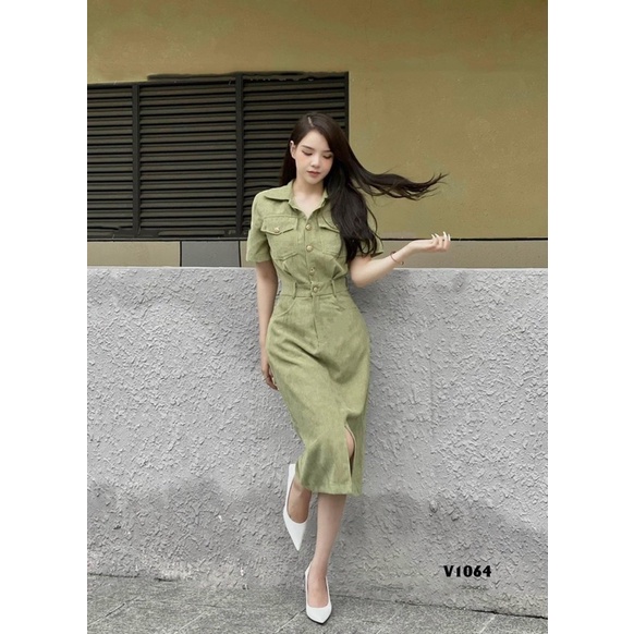 Đầm nữ, Váy nhung tăm dáng dài xẻ tà váy sơmi suông