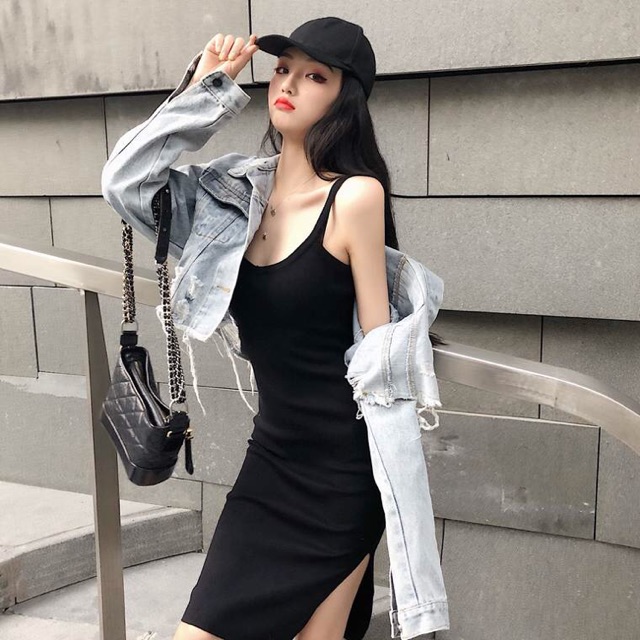 Set đầm body 2 dây + khoác jeans