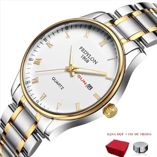Đồng hồ nam doanh nhân Fedylon mặt tròn trắng viền vàng dây thép không gỉ cao cấp tặng pin đồng hồ dự phòng mới FDL05