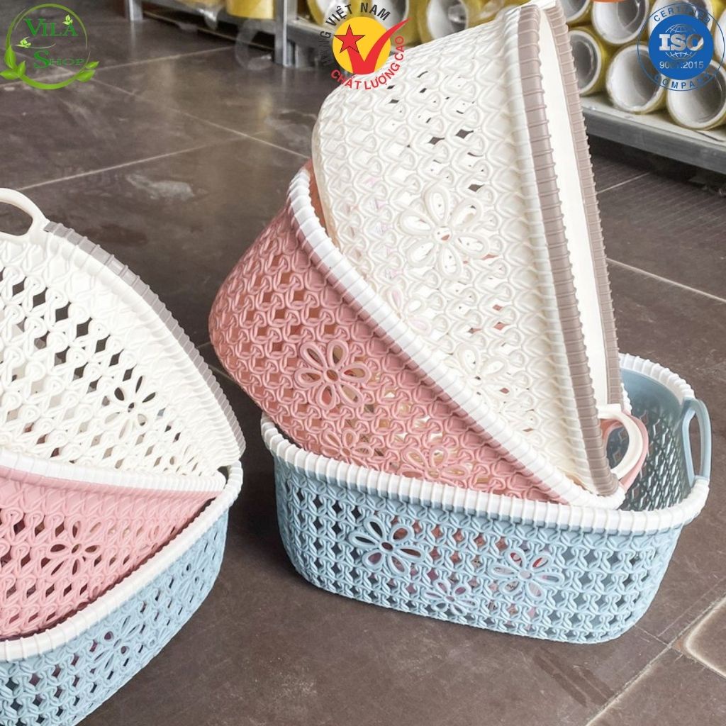 Giỏ Đan HOA, Rổ Nhựa Đựng Đồ Đa Năng VIỆT NHẬT 3377 Có Quai Cầm