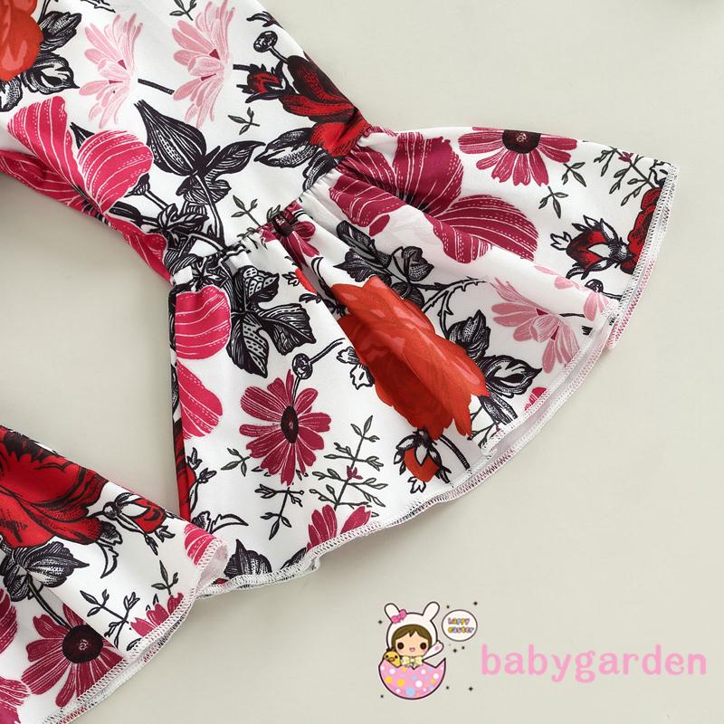 Bộ Áo Liền Quần Tay Dài Cổ Cao Màu Trơn + Quần Dài Ống Loe In Hoa + Băng Đô Cài Tóc Thời Trang Mùa Thu Cho Bé Gái 0-18 Tháng Tuổi