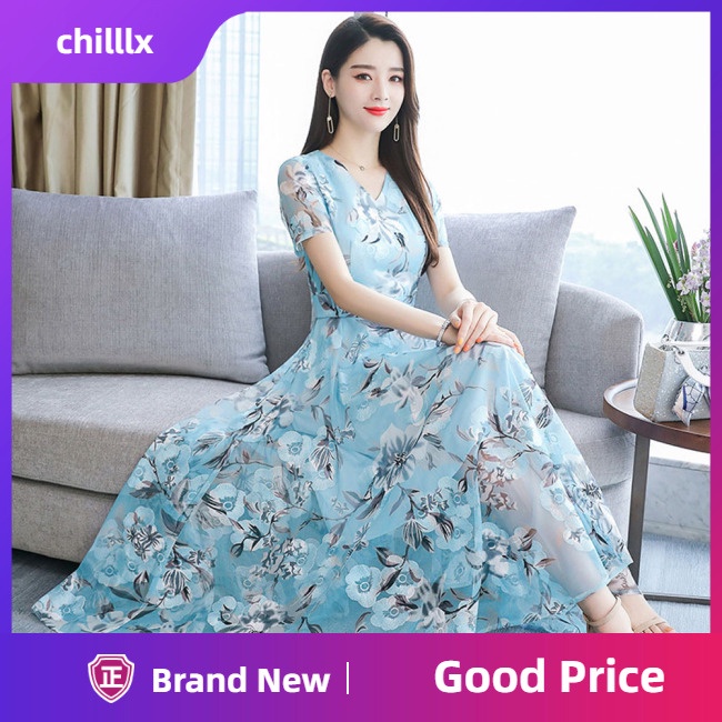 Đầm Dài Tay Ngắn In Họa Tiết Hoa Thời Trang Mùa Hè Cho Nữ