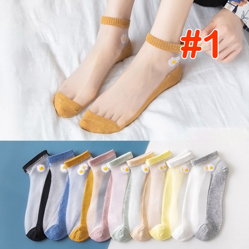 Set 5 Vớ ngắn nữ Hoa cúc / Gấu nâu Phối lưới trong suốt CUTE - Vớ lưới mỏng trong suốt