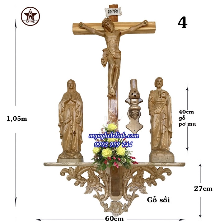 Bàn thờ Công Giáo - mẫu đơn  giản - Bệ gỗ sồi ngang 60cm - tượng gỗ pơ mu cao 40cm