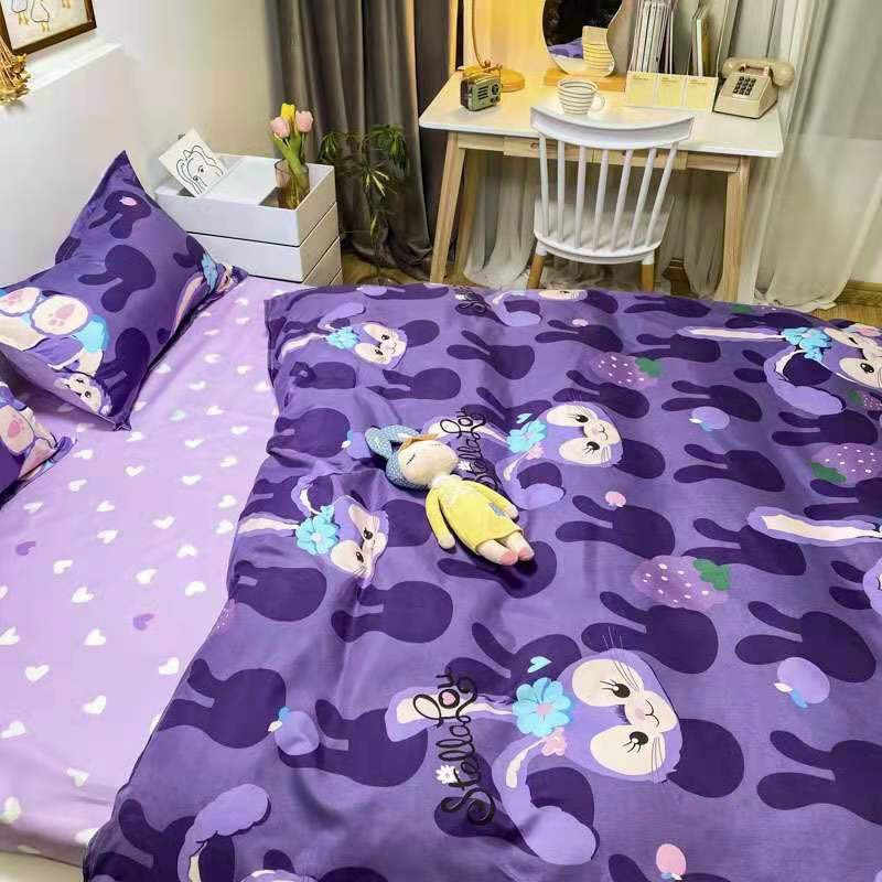 Bộ chăn ga gối cotton poly Lidaco decor phòng ngủ vintage - Thỏ Tím (SP001368)