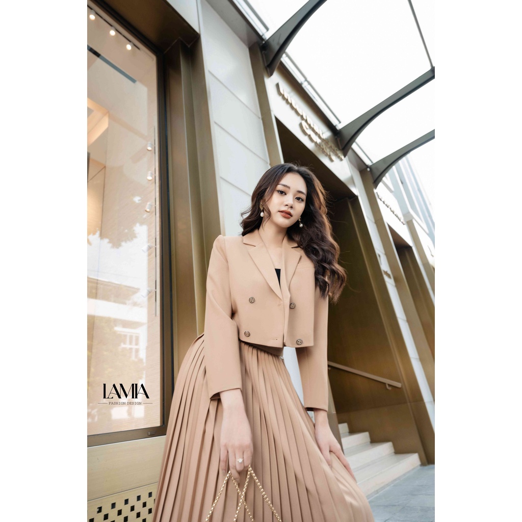 SET VEST NỮ DÁNG NGẮN PHỐI CHÂN VÁY XẾP LY MÀU BE NHẠT LAMIA DESIGN LE119