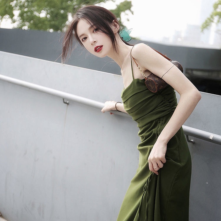 Đầm chữ A hai dây màu xanh lá thời trang mùa hè cho nữ