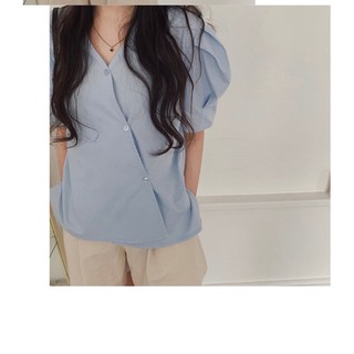 Áo sơ mi thô hàn cúc lệch tay bồng