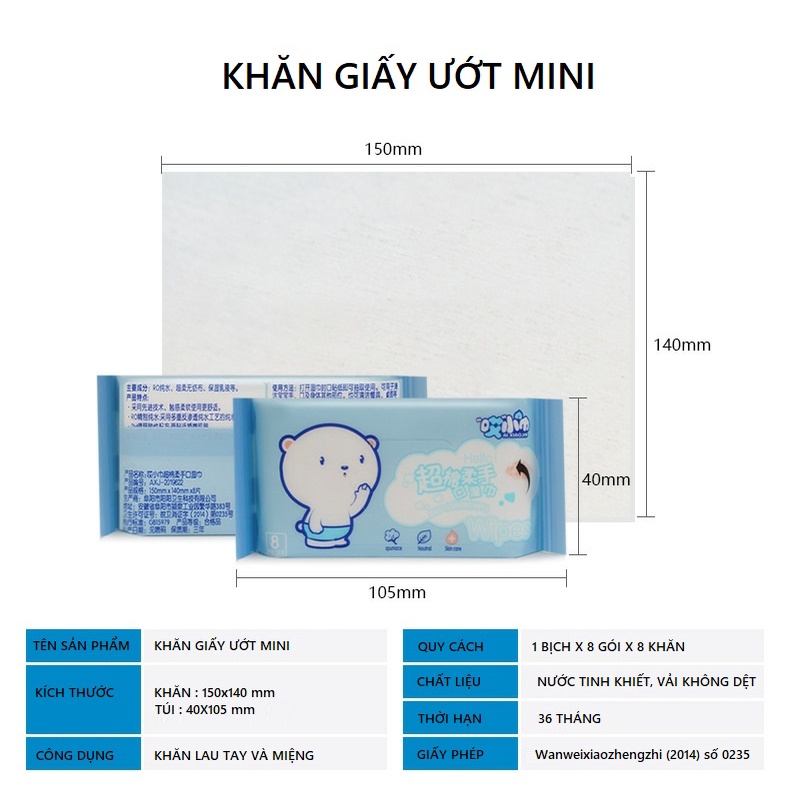 Khăn giấy ướt mini bỏ túi xinh xắn, Giấy lau mặt lau tay không mùi an toàn cho da