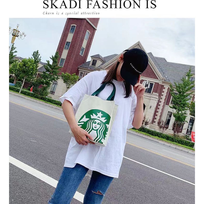 Túi tote xách tay vải canvas họa tiết Starbucks sức chứa lớn mẫu 2021 phong cách Hàn Quốc thời trang