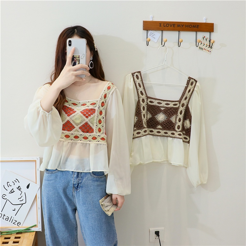 SUXI Áo Voan Tay Dài Cổ Vuông Phối Ren Xinh Xắn Thời Trang Cho Nữ