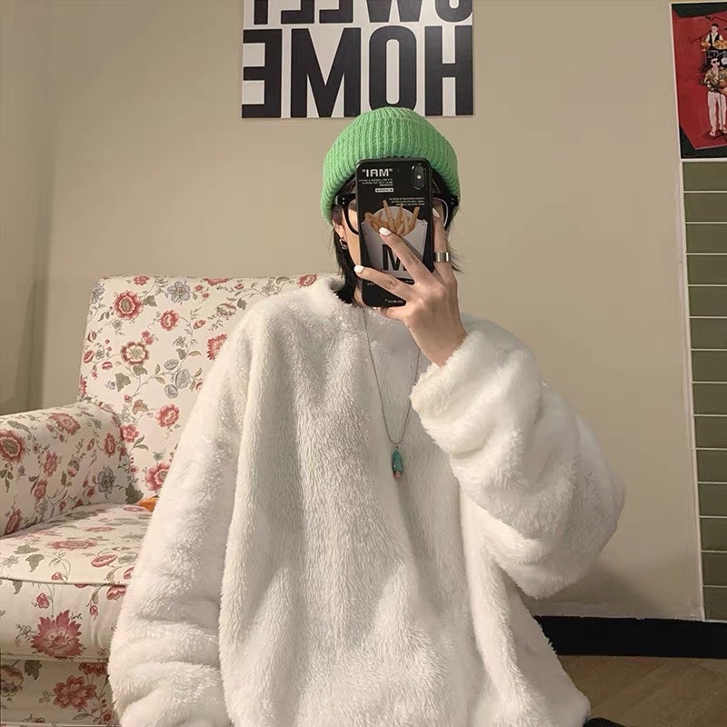 Áo Sweater Lông Tay Dài Cổ Tròn Dày Dặn Ấm Áp Cho Nam Nữ