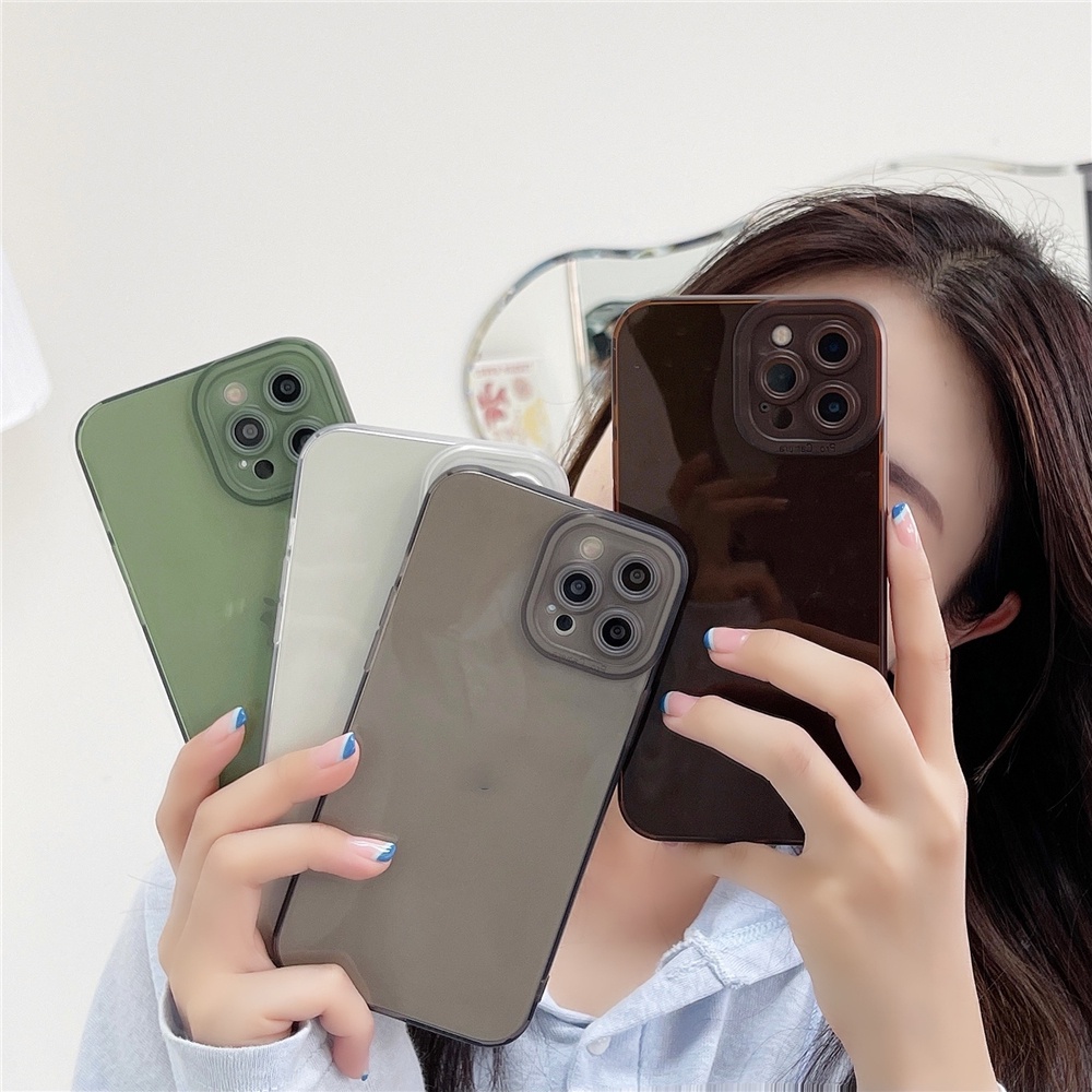 Ốp Điện Thoại TPU Mềm Trong Suốt Màu Trơn Chống Sốc Cho IPhone 13 12 11 Pro Max X Xs Xr 8 7 Plus Bảo vệ ống kính Cạnh thẳng