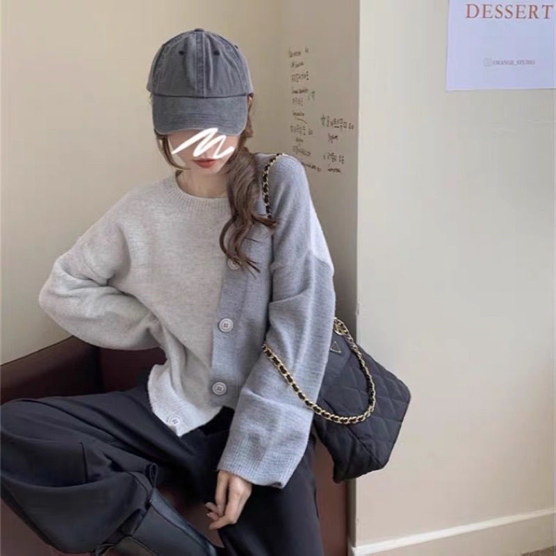 Áo cardigan lệch vạt hai màu