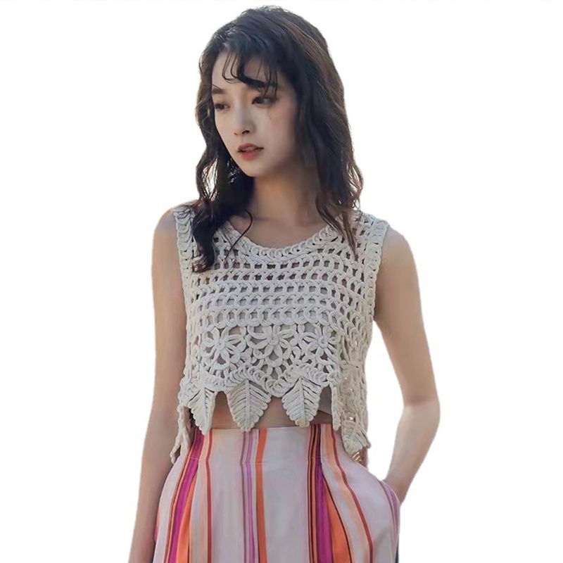 Brroa Áo Croptop Dệt Kim Không Tay Viền Lá Rỗng Thời Trang Đi Biển Cho Nữ
