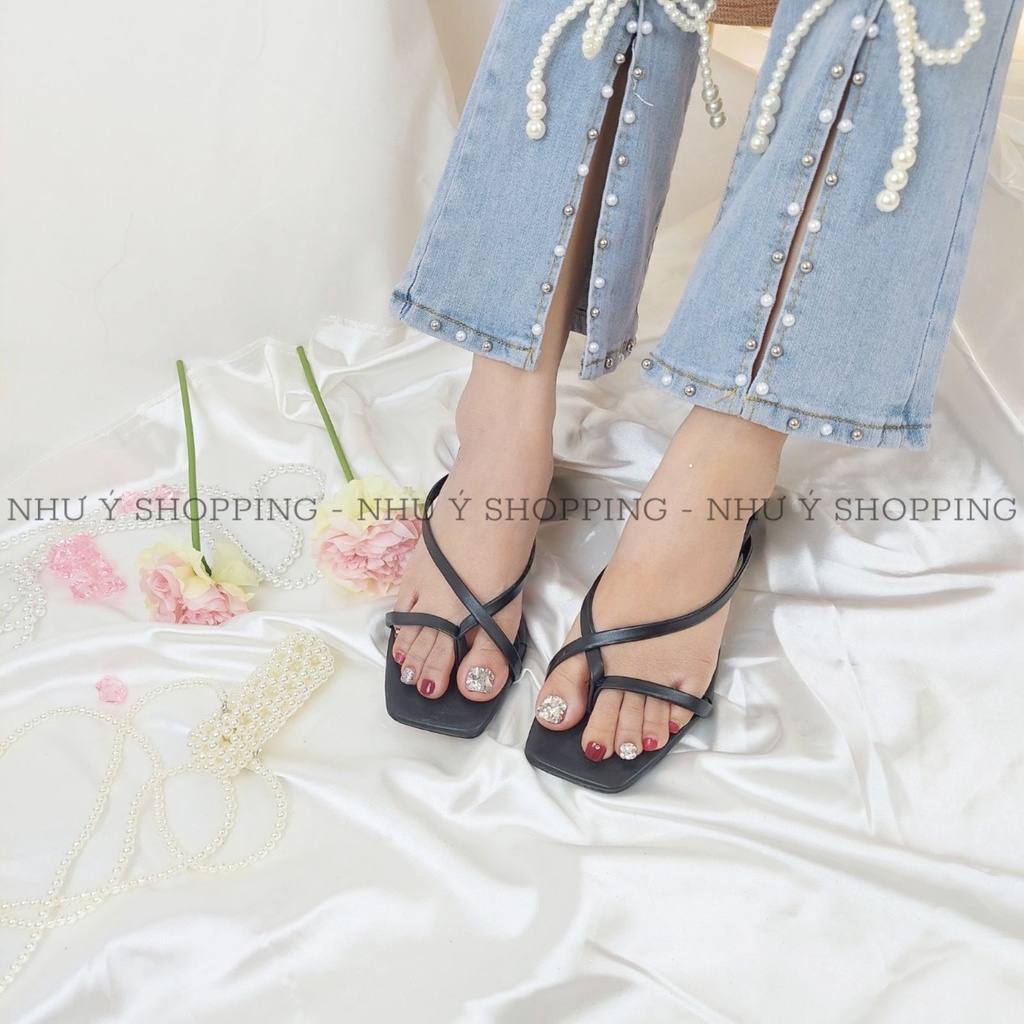 Giày sandal nữ xỏ ngón cao 3cm thời trang quai mảnh gót vuông cách điệu