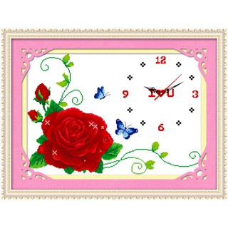 (ĐÃ ĐÍNH) Tranh đá thành phẩm ĐỒNG HỒ HOA HỒNG 65x50cm