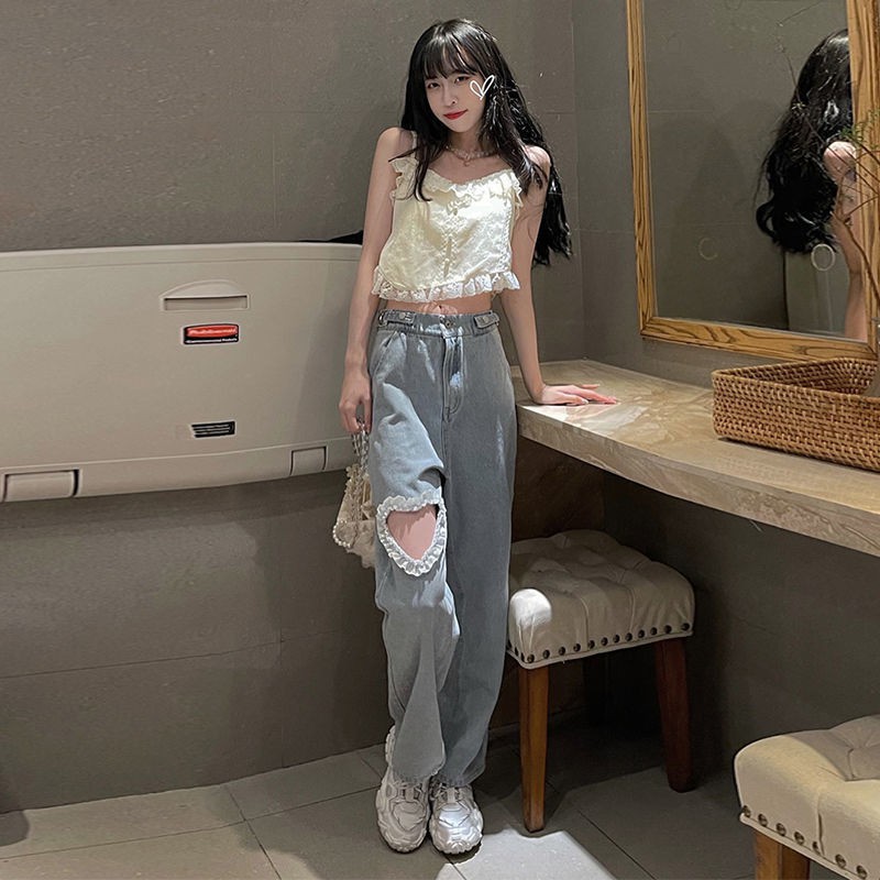 2022 Heart-shaped hole small man hole jeans summer thin high-waisted loose straight leg broad-legged baggy jeans