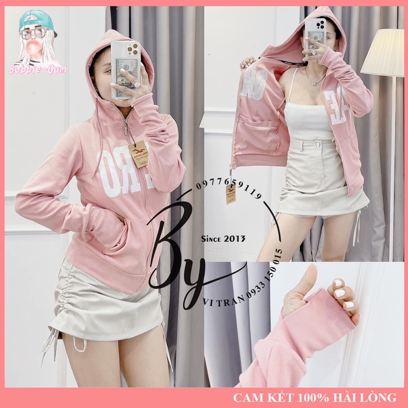 Áo Khoác Nữ Thêu Chữ AERO Chất Liệu Thun Gân 4 Túi Freesize Dưới 60Kg BUBBLE GUM