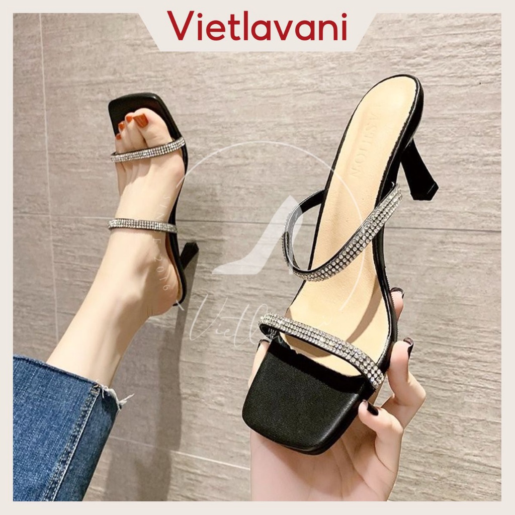 Guốc TTG26 dép 2 quai đính đá gót nhọn 7cm (hàng đẹp)