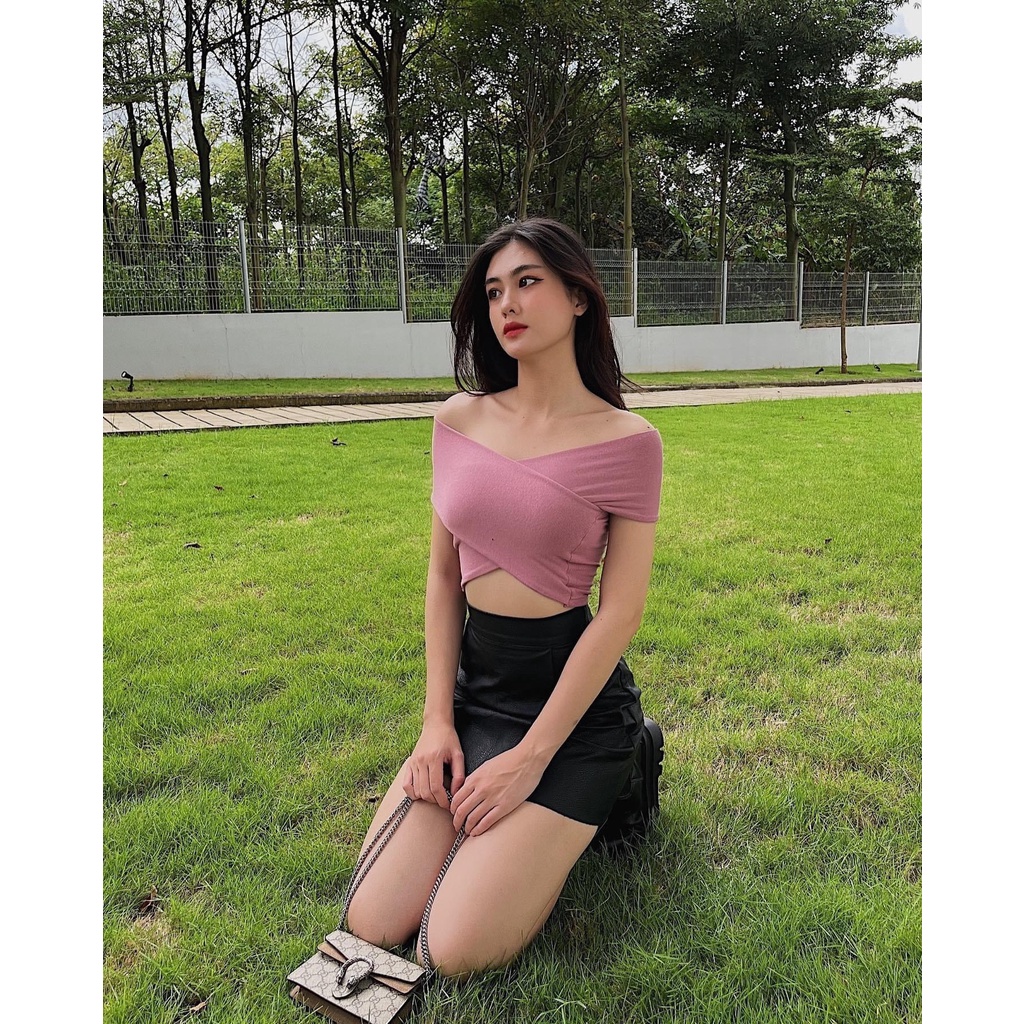 Áo croptop nữ tay dài HHVINTAGE kiểu chéo hai lớp thun co giãn TOP A51
