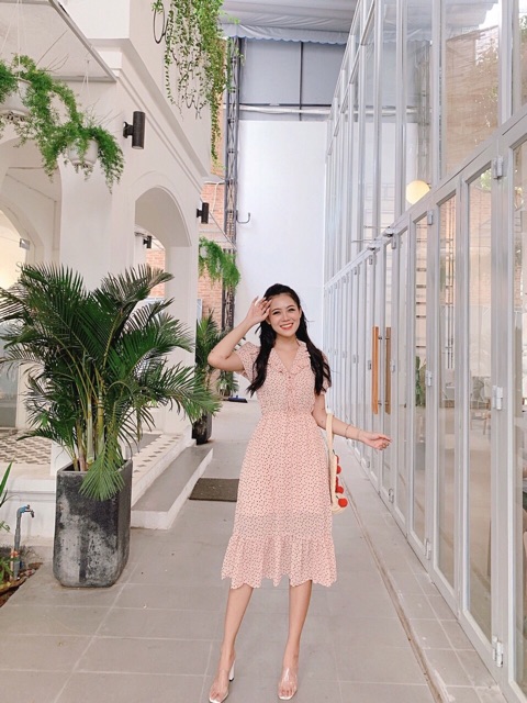 ĐẦM CHẤM BI 2 màu viền bèo 2 lớp xd