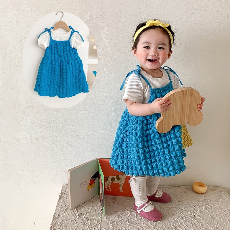 Bộ Áo Thun Ngắn Tay + Đầm Hai Dây Màu Xanh Dương Thời Trang Mùa Hè Cho Bé Gái