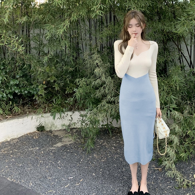 IELGY   Đầm Nhung Phối Hai Màu Phong Cách Đức Cho Nữ