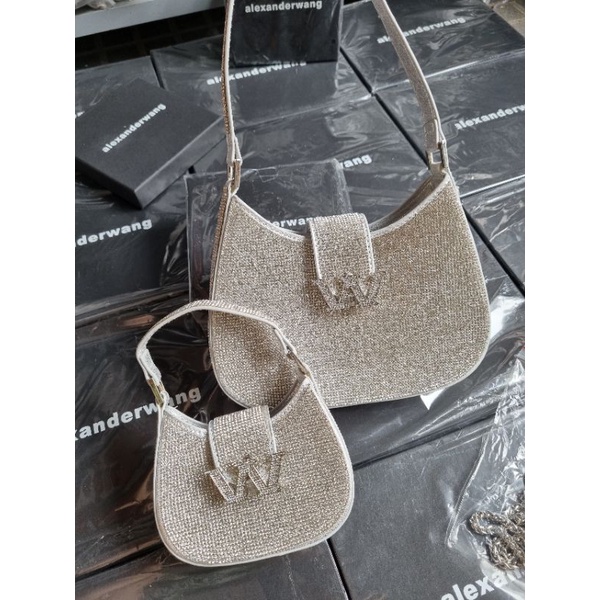 túi kẹp nách #wang. W đi tiệc full đá sáng bling dáng bầu có hộp