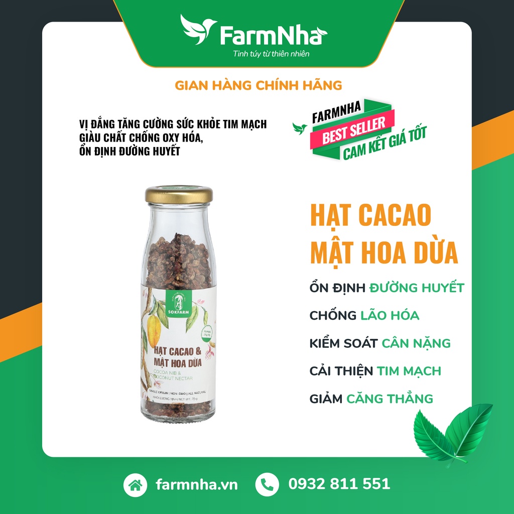 Hạt Cacao Mật Hoa Dừa Sokfarm 75gr 100% Organic Chuẩn FDA Hoa Kì - Bổ sung năng lượng, Ổn định đường huyết