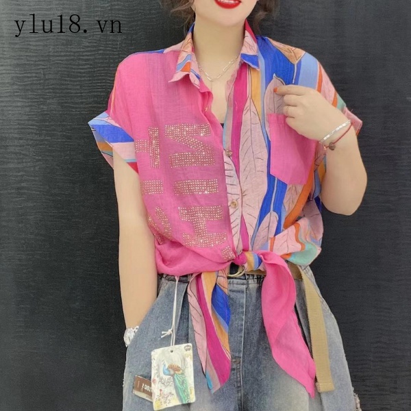 Áo Sơ Mi Chiffon Ngắn Tay Phối Màu Họa Tiết Kẻ Sọc Đính Đá Thời Trang Mùa Hè Năm 2021 Cho Nữ
