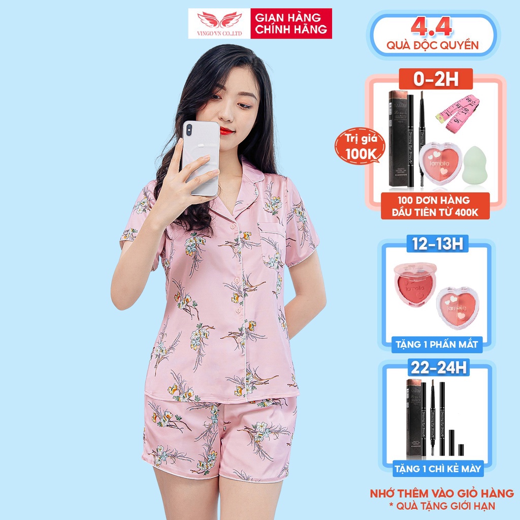 Đồ Bộ Nữ Pijama Mặc Nhà VINGO Lụa Pháp Cao Cấp Tay Cộc Quần Cộc Cành Hoa Tinh Tế Kiểu Dáng Hiện Đại Mùa Hè H421 VNGO